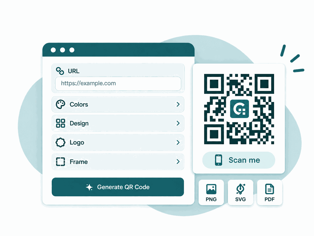 The GenerateQR QR code generator with a URL field, colors, design, logo, and frame options, a live QR preview, and PNG, SVG, and PDF downloads