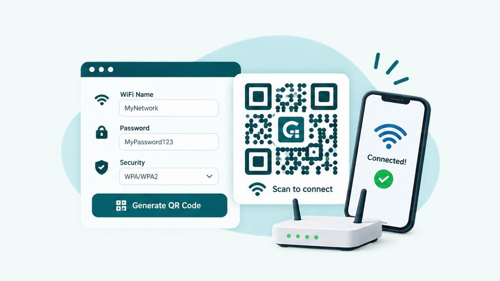 How to make a WiFi QR code: enter the network name, password, and security type, then scan to connect