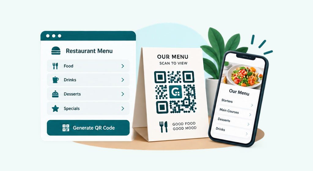 A restaurant table tent QR code that opens a digital menu on a phone